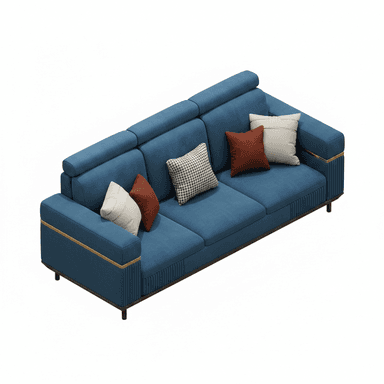 A contemporary three-seater sofa upholstered in a rich blue fabric, featuring individual seat cushions and backrests with adjustable headrests. The armrests are sleek, adorned with a gold-tone metallic strip accent and vertical fluted detailing on the outer sides. The sofa is supported by subtle, dark-finished minimalist legs. It includes several throw pillows in complementary colors and patterns. — 3D model (AI enhanced source)