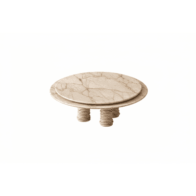 A compact, two-tiered accent table featuring circular tops and stout, stacked-ring legs, all crafted from a light-colored, veined marble. — 3D model (AI enhanced source)
