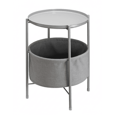 A small, round side table featuring a grey metal frame and a removable grey fabric storage basket positioned beneath a circular, tray-style tabletop. The table stands on four slender metal legs. — 3D model (AI enhanced source)