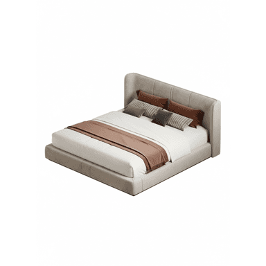 An upholstered platform bed featuring a tall, slightly winged headboard with vertical channel tufting. The headboard and entire bed frame are covered in a light beige or greige fabric. The platform base extends slightly beyond the mattress, creating a minimalist, integrated look. The bed is dressed with white linens, several decorative pillows in muted tones, and a rust-colored throw blanket. — 3D model (AI enhanced source)