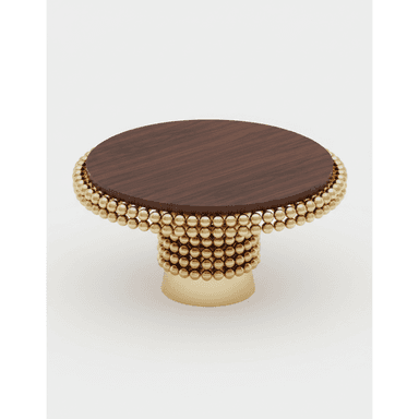 A luxurious and ornate accent table featuring a round, dark wood tabletop and a sculptural pedestal base composed of numerous stacked gold-toned spheres. The spheres create a visually rich, textured surface for the base, which tapers slightly towards a solid gold-toned foot. The design suggests a blend of contemporary luxury with a decorative, artistic aesthetic. — 3D model (AI enhanced source)