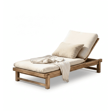 A contemporary outdoor chaise lounge featuring a robust teak wood frame with an adjustable backrest. It is fitted with plush cream-colored cushions for comfort, including a main body cushion and a separate back cushion. A light-colored throw blanket and a decorative throw pillow are also visible on the chaise, suggesting an inviting outdoor relaxation setup. — 3D model (AI enhanced source)