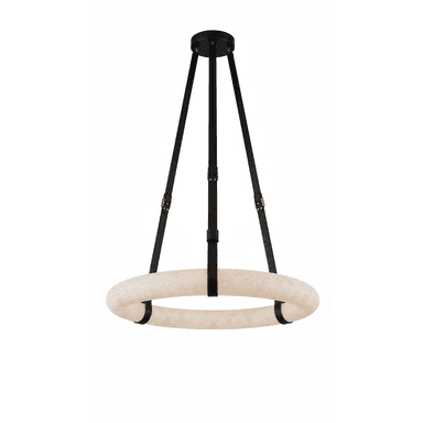 A modern circular pendant light featuring a large, illuminated off-white ring suspended by three black straps with brass-colored buckles from a black ceiling canopy. — 3D model (AI enhanced source)