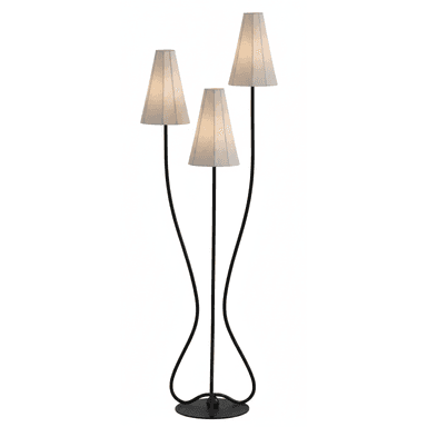 A modern floor lamp with a black metal base and three adjustable arms. Each arm supports a conical fabric lampshade in a light cream color. The base is circular and weighted, providing stability. The arms have a sinuous, curved design that gives the lamp an artistic silhouette. — 3D model (AI enhanced source)