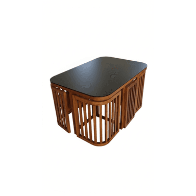 A rectangular coffee table with rounded corners. The base is constructed from vertical wooden slats arranged in a curved, slatted enclosure around the lower portion. The tabletop appears to be a dark, possibly glass or lacquered wood surface, with a smooth finish and slightly beveled edges. — 3D model (AI enhanced source)