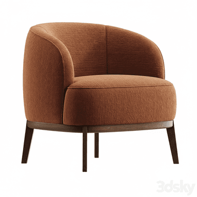 A modern armchair with a curved, upholstered back and seat. It features a rounded silhouette and is supported by four dark wooden legs attached to a wooden base frame. — 3D model (AI enhanced source)