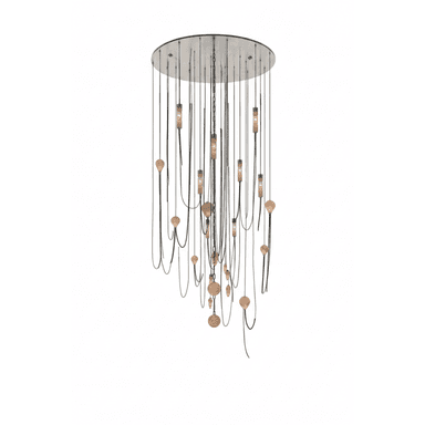 An abstract cascading chandelier featuring multiple light elements suspended at varying lengths from a circular ceiling plate. The fixture incorporates both spherical, opaque light diffusers and elongated, textured cylindrical diffusers, all hanging from dark, thin chains or wires, creating a dynamic and sculptural form. — 3D model (AI enhanced source)