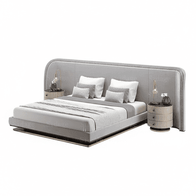 A modern gray upholstered platform bed featuring a wide, curved headboard with seamlessly integrated cylindrical nightstands on either side. The bed includes a mattress, pillows, and a throw blanket. Each nightstand is topped with a table lamp and small decorative items. — 3D model (AI enhanced source)