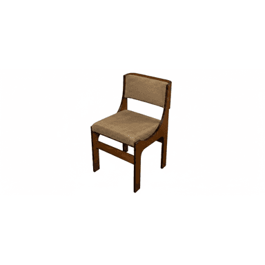 A wooden chair with a upholstered seat and back. The frame is constructed from dark wood with a smooth finish. The seat and back are covered in a textured, light brown fabric. — 3D model (AI enhanced source)