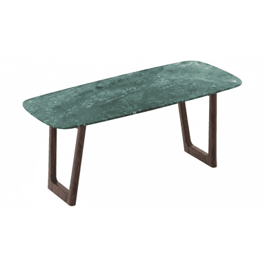 A modern rectangular coffee table featuring a polished green marble top with rounded corners, supported by two inverted U-shaped dark wood legs. — 3D model (AI enhanced source)