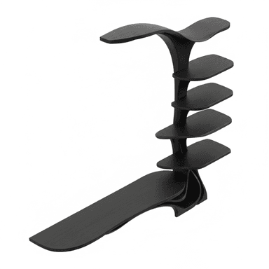 A striking black, multi-tiered shelving unit featuring an organic, sculptural design. It consists of several curved shelves of varying sizes, supported by an elegantly flowing central structure, all crafted from dark wood with a visible grain. — 3D model (AI enhanced source)