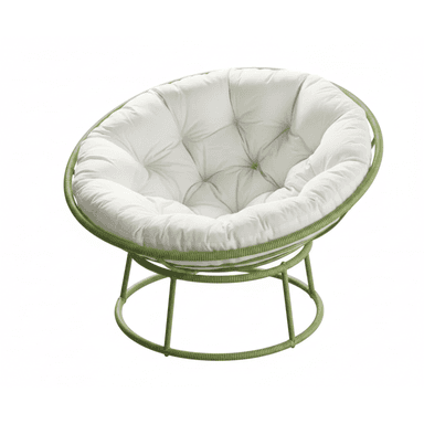 A contemporary papasan-style lounge chair featuring a circular green frame and a large, plush, tufted white cushion. The frame appears to be made of metal, possibly wrapped with a green cord or rattan-like material, creating a distinctive texture. The cushion is deeply tufted, providing a comfortable and inviting seating surface. The chair rests on a stable, low-profile base, also constructed from the same green material. — 3D model (AI enhanced source)