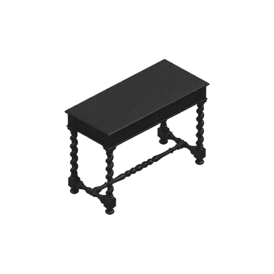A dark-finished rectangular console table featuring distinctive barley twist legs and a single drawer with a keyhole. A twisted stretcher bar connects the lower sections of the legs, enhancing its classic design. — 3D model (AI enhanced source)