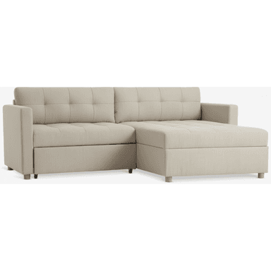 A light beige sectional sofa featuring a chaise lounge on the right side and a pull-out sleeper mechanism on the left. The seat and back cushions are tufted, creating a grid pattern. It has narrow, flat armrests and short, light wooden legs. — 3D model (AI enhanced source)