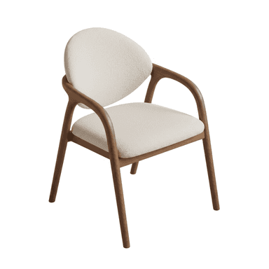 A modern armchair featuring a curved wooden frame with integrated armrests and tapered legs, upholstered in a cream-colored boucle fabric for the rounded seat and backrest. — 3D model (AI enhanced source)
