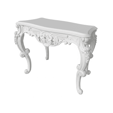 An ornate console table featuring extensive Baroque and Rococo-inspired carvings, presented in a monochrome white finish. The table has a serpentine-shaped tabletop with a scalloped edge and stands on four elaborate cabriole legs, richly adorned with acanthus leaves and scrollwork. The apron connecting the legs is also heavily carved with intricate floral and scroll motifs, characteristic of 18th-century European design. — 3D model (AI enhanced source)