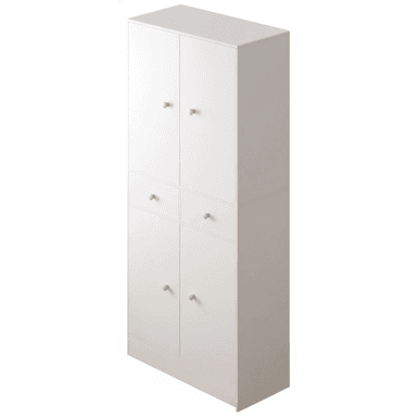 A tall, slender white storage cabinet featuring two pairs of closed doors and two central drawers, all adorned with small, spherical natural wooden knobs. — 3D model (AI enhanced source)