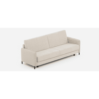 A modern and minimalist sofa bed featuring light beige fabric upholstery, clean lines, and a low-profile design. It is equipped with two separate seat cushions and two back cushions, resting on short, dark, cylindrical metal legs. The track arms are slender, contributing to its compact and versatile aesthetic, suitable for various contemporary interior settings. — 3D model (AI enhanced source)