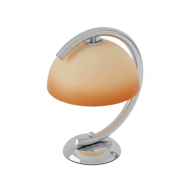 A contemporary table lamp featuring a polished chrome arc frame supporting a frosted amber glass dome shade. — 3D model (AI enhanced source)