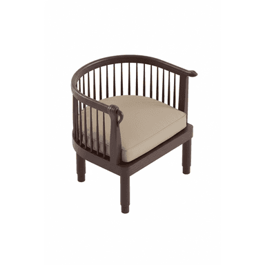 An armchair featuring a dark brown, possibly mahogany or walnut stained wooden frame, with a distinctive barrel-shaped backrest and armrests. The backrest is composed of vertical wooden spindles, while the armrests are solid and curved. It includes a loose, light beige upholstered seat cushion, and stands on four sturdy, tapered legs. — 3D model (AI enhanced source)