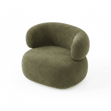 A contemporary lounge chair featuring a soft, plush olive green textured upholstery. The chair has a distinctive rounded, enveloping silhouette with a curved backrest that seamlessly integrates with the armrests. The base is also rounded, contributing to the overall soft and organic form of the piece. It appears to be a single, cohesive upholstered unit designed for comfort. — 3D model (AI enhanced source)