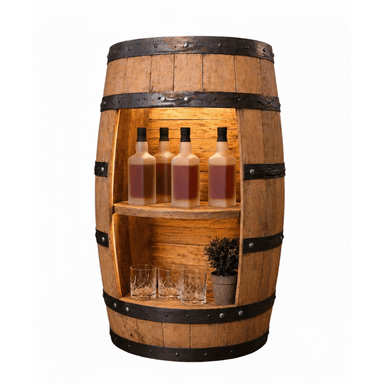 A rustic bar cabinet constructed from a repurposed wooden barrel, featuring internal shelving and subtle lighting. The barrel retains its original curved form and is reinforced with dark metal bands. The interior houses two shelves, suitable for storing bottles and glassware, with a warm light illuminating the contents. — 3D model (AI enhanced source)