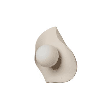 A modern sculptural wall sconce featuring an organic, leaf-like cream-colored backplate made of ceramic or plaster, paired with a spherical frosted glass diffuser. The design is minimalist and fluid, providing soft, diffused illumination. — 3D model (AI enhanced source)