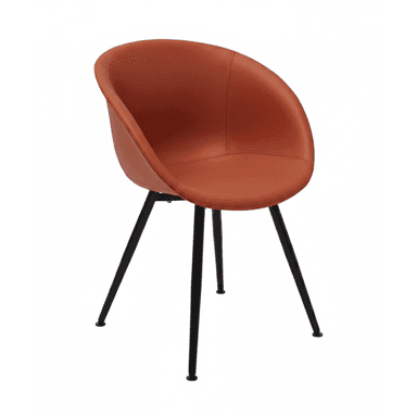 A contemporary dining chair featuring a bucket-style seat upholstered in a warm terracotta or rust-colored material, likely faux leather. The seat has a deep, curved back and integrated armrests, providing an enveloping form. The chair is supported by four slender, tapered metal legs in a matte black finish, splayed slightly for stability. Stitching details are visible on the seat's surface, indicating segmented upholstery. — 3D model (AI enhanced source)