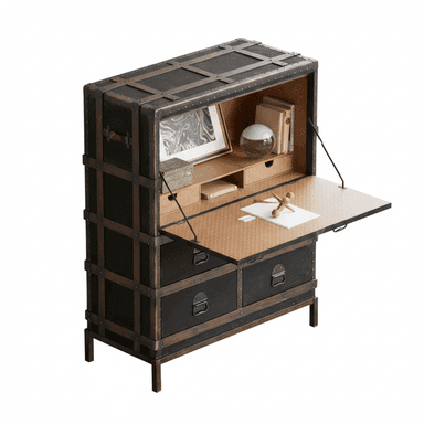 A campaign-style secretary desk designed to resemble a vintage travel trunk, featuring dark paneled surfaces, contrasting wood or metal strapping, and studded accents. The upper section opens downward to reveal a compact writing surface supported by metal stays, along with internal compartments for organization. Below the writing area are two integrated drawers with metal pull handles, all supported by a sturdy base with short, squared legs. — 3D model (AI enhanced source)