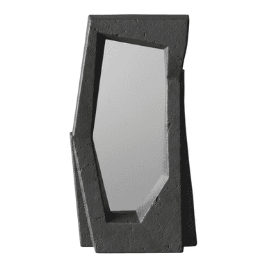 A freestanding mirror with an irregularly shaped frame. The frame has a rough, textured surface and an abstract, angular design. The mirror itself is rectangular with chamfered edges and is centrally positioned within the frame. — 3D model (AI enhanced source)