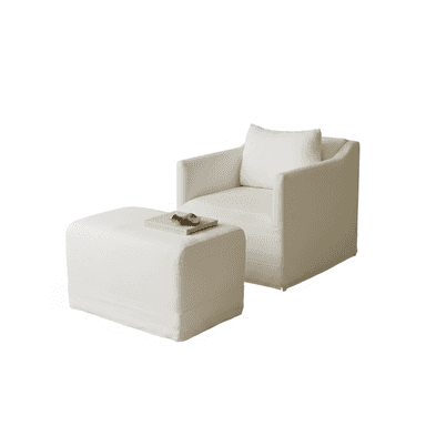 A contemporary upholstered armchair with a matching rectangular ottoman, both featuring removable slipcovers in a light, neutral fabric. — 3D model (AI enhanced source)