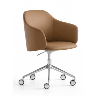 A modern tan leather swivel armchair with a polished metal five-star base and casters, featuring integrated armrests. — 3D model (AI enhanced source)