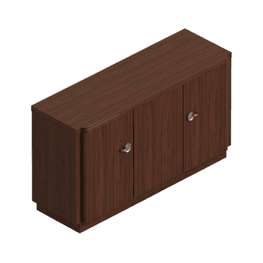 A rectangular, low-profile wooden sideboard or credenza featuring three cabinet doors. It is finished in a dark brown wood veneer with a distinct grain pattern and is fitted with small, circular, silver-toned knob handles. The design incorporates subtle rounded edges on the top and sides, resting on a recessed plinth base. — 3D model (AI enhanced source)