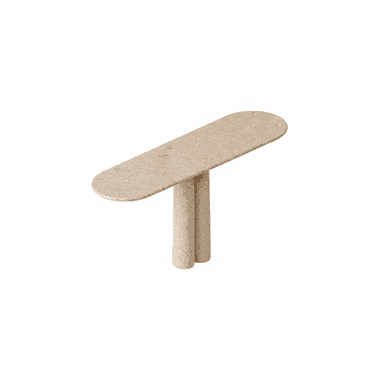 A minimalist accent table crafted from light-colored travertine, featuring an elongated, rounded rectangular top supported by two cylindrical legs. The design is monolithic and contemporary, showcasing the natural texture of the stone. — 3D model (AI enhanced source)