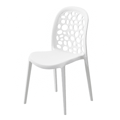 A modern white armless chair made of molded plastic, featuring a distinctive backrest with irregular perforated cutouts and four tapered legs. — 3D model (AI enhanced source)