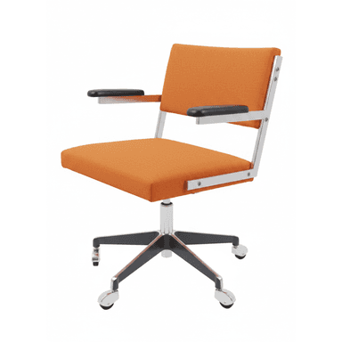 An orange upholstered office armchair with a polished metal frame, black padded armrests, and a five-star caster base. — 3D model (AI enhanced source)