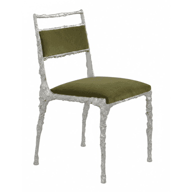 An armless side chair featuring a highly textured, organic silver cast metal frame and olive green velvet upholstery on the seat and backrest. — 3D model (AI enhanced source)