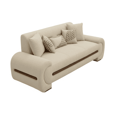 A contemporary three-seater sofa upholstered in a light beige fabric, featuring distinctive rolled and curved arms with integrated dark wood accents. It comes with several throw pillows, some patterned. — 3D model (AI enhanced source)