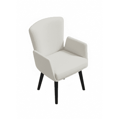 An upholstered armchair featuring a rounded backrest, integrated armrests, and splayed, tapered legs. The chair is covered in a light, textured fabric, likely a cream or off-white color, and the legs are finished in black. Its design suggests a modern or contemporary aesthetic, suitable for various interior settings. — 3D model (AI enhanced source)