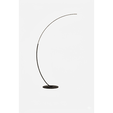A modern arched floor lamp featuring a slender, curved metal stem that transitions from a matte black finish at the base to a brass-toned finish along the upper arc. The lamp is supported by a flat, circular black base. The light source appears to be an integrated LED located at the tip of the curved arm, providing a clean, minimalist aesthetic without a traditional lampshade. — 3D model (AI enhanced source)