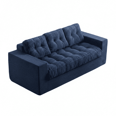 A contemporary three-seater sofa upholstered in a navy blue wide-wale corduroy fabric, featuring deep button tufting on the seat and back cushions. The sofa has a substantial, rectilinear frame with wide, flat arms and a low back. The seat cushions are thick and plush, extending slightly beyond the frame. The overall design emphasizes comfort and a modern, relaxed aesthetic. — 3D model (AI enhanced source)