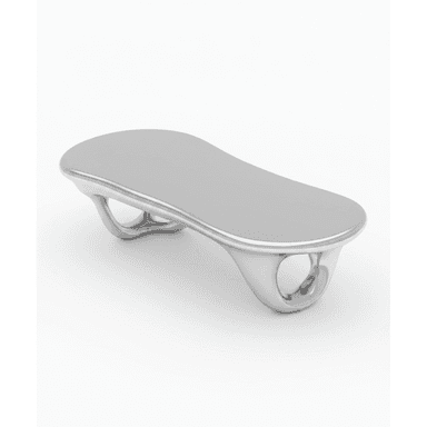 A sleek, modern coffee table featuring a silver metallic finish. The top is an elongated, kidney-bean shape with soft, rounded edges. It is supported by two organic, sculptural bases that form interconnected loops, giving the impression of fluid movement and futuristic design. The overall aesthetic is minimalist and contemporary. — 3D model (AI enhanced source)