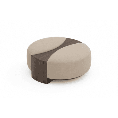 A contemporary round ottoman featuring a distinctive segmented design with alternating sections of beige fabric upholstery and dark brown wood veneer. The circular form is divided into four quadrants, two of which are upholstered and two are wood, creating an appealing contrast in texture and material. The wood segments extend vertically down the sides, forming the base for those sections, while the upholstered parts maintain a soft, cushioned profile. The piece rests on a subtle, recessed base. — 3D model (AI enhanced source)