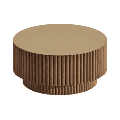 A round coffee table with a fluted base and a flat, circular top. The base consists of two stacked tiers, each featuring vertical, cylindrical wooden elements arranged closely together. The top surface is a solid, flat disc. — 3D model (AI enhanced source)