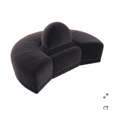 A contemporary, curved sofa upholstered in a dark grey or charcoal velvet fabric, featuring prominent channel tufting across its entire surface. The sofa has a distinctive spherical or dome-shaped backrest element integrated into its center, providing a unique visual focal point. Its form suggests a plush and luxurious seating experience. — 3D model (AI enhanced source)
