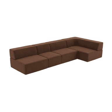 A contemporary modular L-shaped sectional sofa rendered against a white background. The sofa is composed of several individual square and rectangular units upholstered in a deep brown, textured fabric. It features a low profile with clean lines and minimal ornamentation, reflecting a minimalist design aesthetic. The arrangement consists of multiple armless segments and one corner segment, forming a continuous L-shape suitable for lounge seating. — 3D model (AI enhanced source)