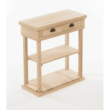 A light-toned solid wood console table featuring a rectangular top, two drawers with dark cup pulls, and two lower open shelves. The design is clean and transitional, highlighting the natural wood grain. — 3D model (AI enhanced source)