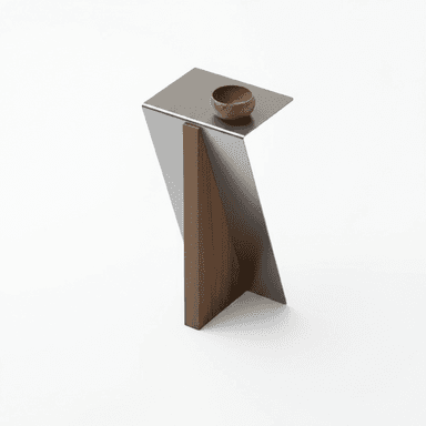A small, modern geometric side table featuring a bent metallic structure combined with an angled wooden panel. — 3D model (AI enhanced source)