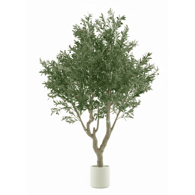 A faux olive tree presented in a simple, white cylindrical pot. The tree features a realistic-looking multi-branch trunk structure, densely populated with small, elongated green leaves. Scattered among the foliage are small, dark reddish-brown artificial olives, enhancing its lifelike appearance. The pot has a smooth, matte finish. — 3D model (AI enhanced source)