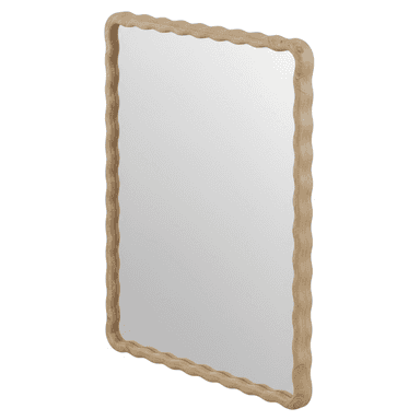A rectangular wall mirror featuring a distinctively wavy, light-toned wooden frame. The frame has a natural grain and softly rounded corners, enclosing a flat reflective surface. — 3D model (AI enhanced source)